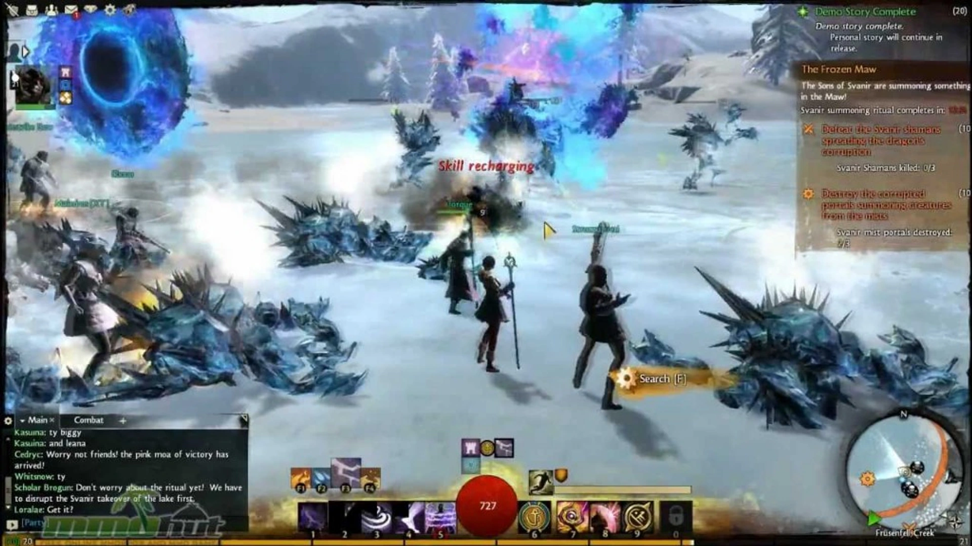 Guild Wars 2 world event combat in snowy Wayfarer Foothills on Windows PC